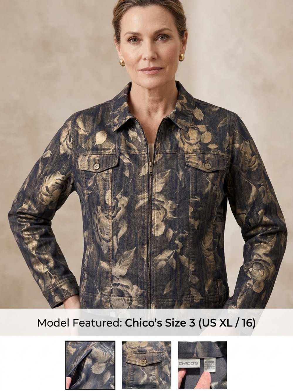 Chico's Size 3 Metallic Gold Foil Floral Denim Jacket Zip Up Stretch XL 16